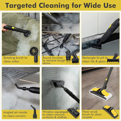 The steam cleaner shown in six different cleaning scenarios using various nozzle attachments