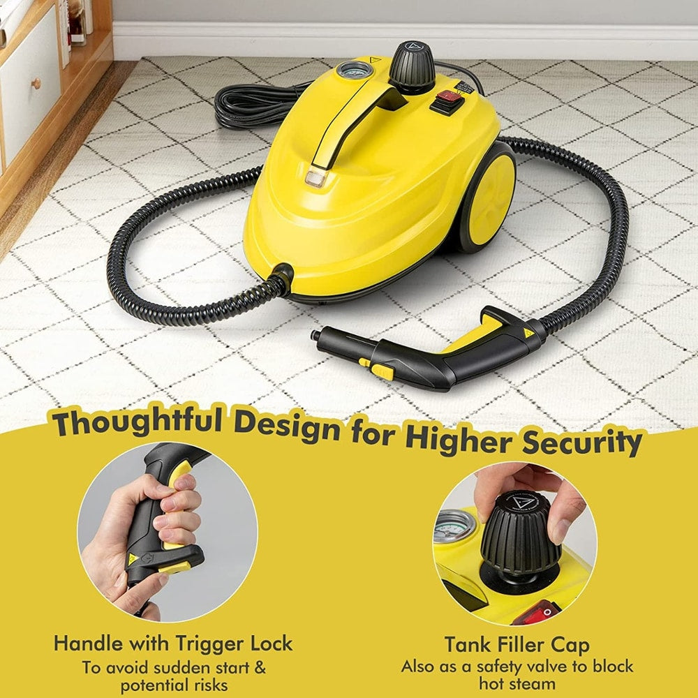The steam cleaner with close-ups of the trigger lock handle and the safety tank filler cap