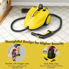 The steam cleaner with close-ups of the trigger lock handle and the safety tank filler cap