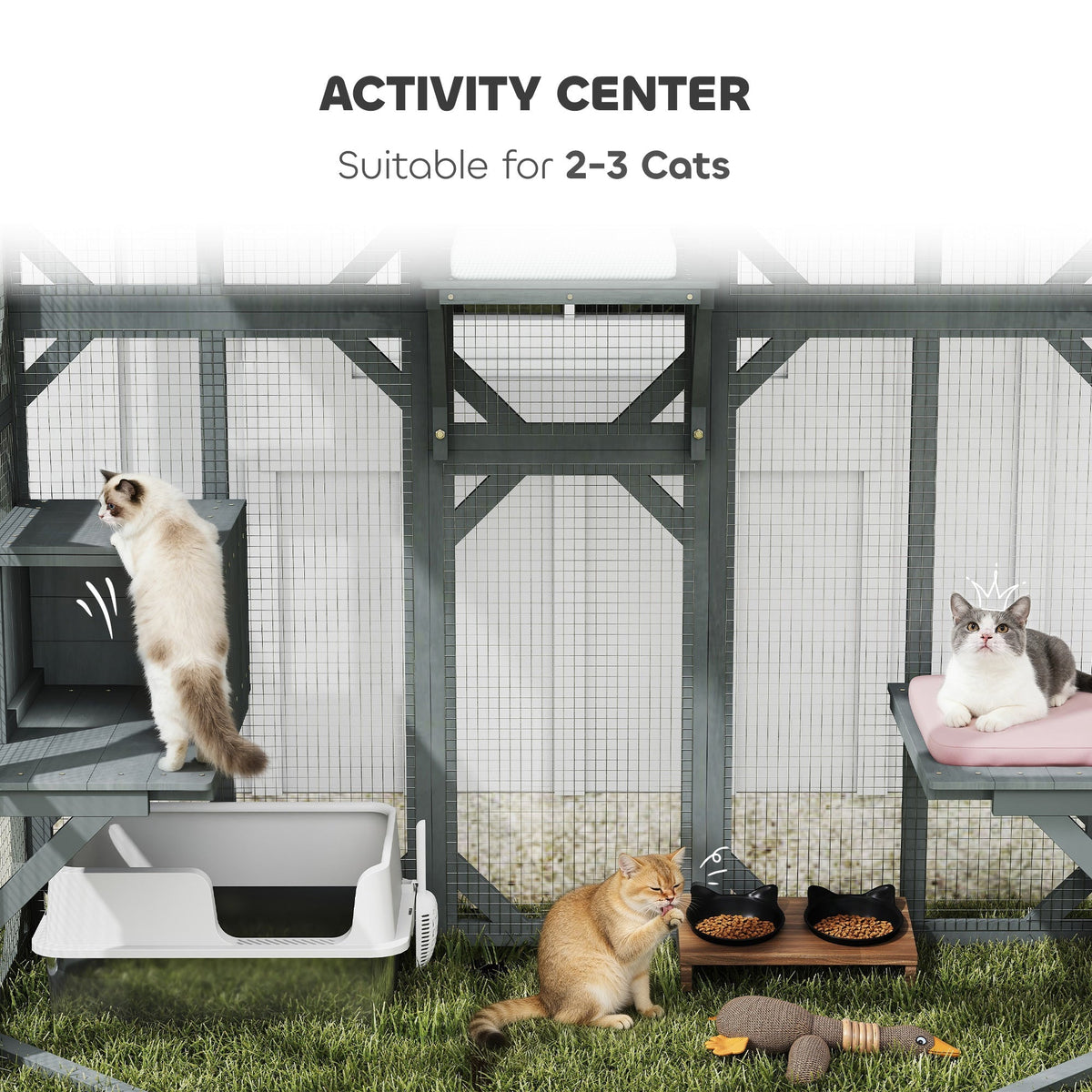 PawHut Catio Outdoor Cat Enclosure, Wooden Cat House with Platforms, Condo and Waterproof Cover for 2–3 Kittens, Grey