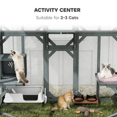 PawHut Catio Outdoor Cat Enclosure, Wooden Cat House with Platforms, Condo and Waterproof Cover for 2–3 Kittens, Grey