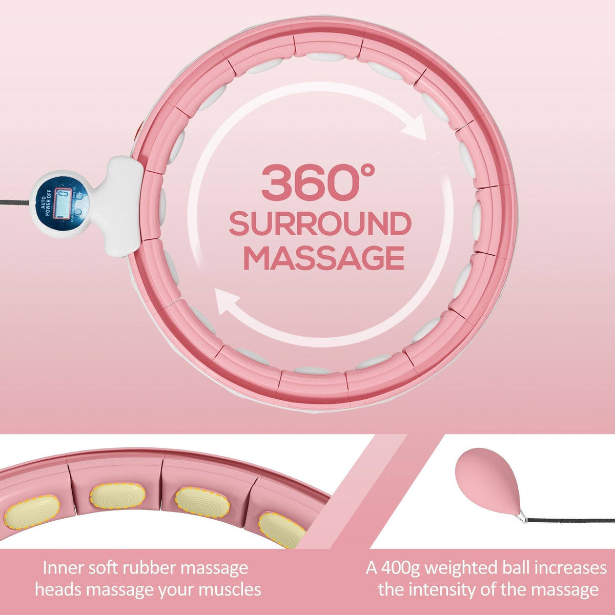 SPORTNOW Smart Weighted Hula Hoop, Massage Hula Ring w/ 16 Detachable Knots, 360 Auto-Rotating Ball, Digital Counter, Pink