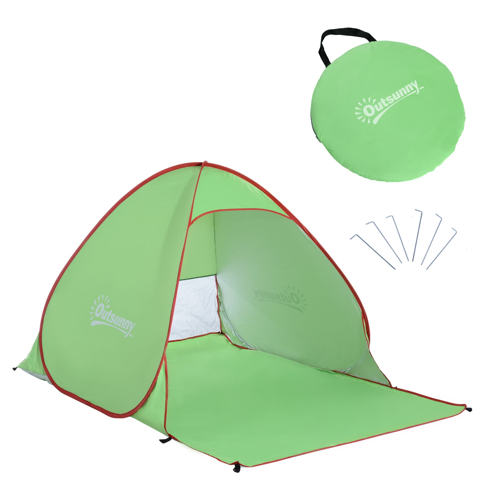 The beach shelter shown with its circular carry bag and several metal ground pegs