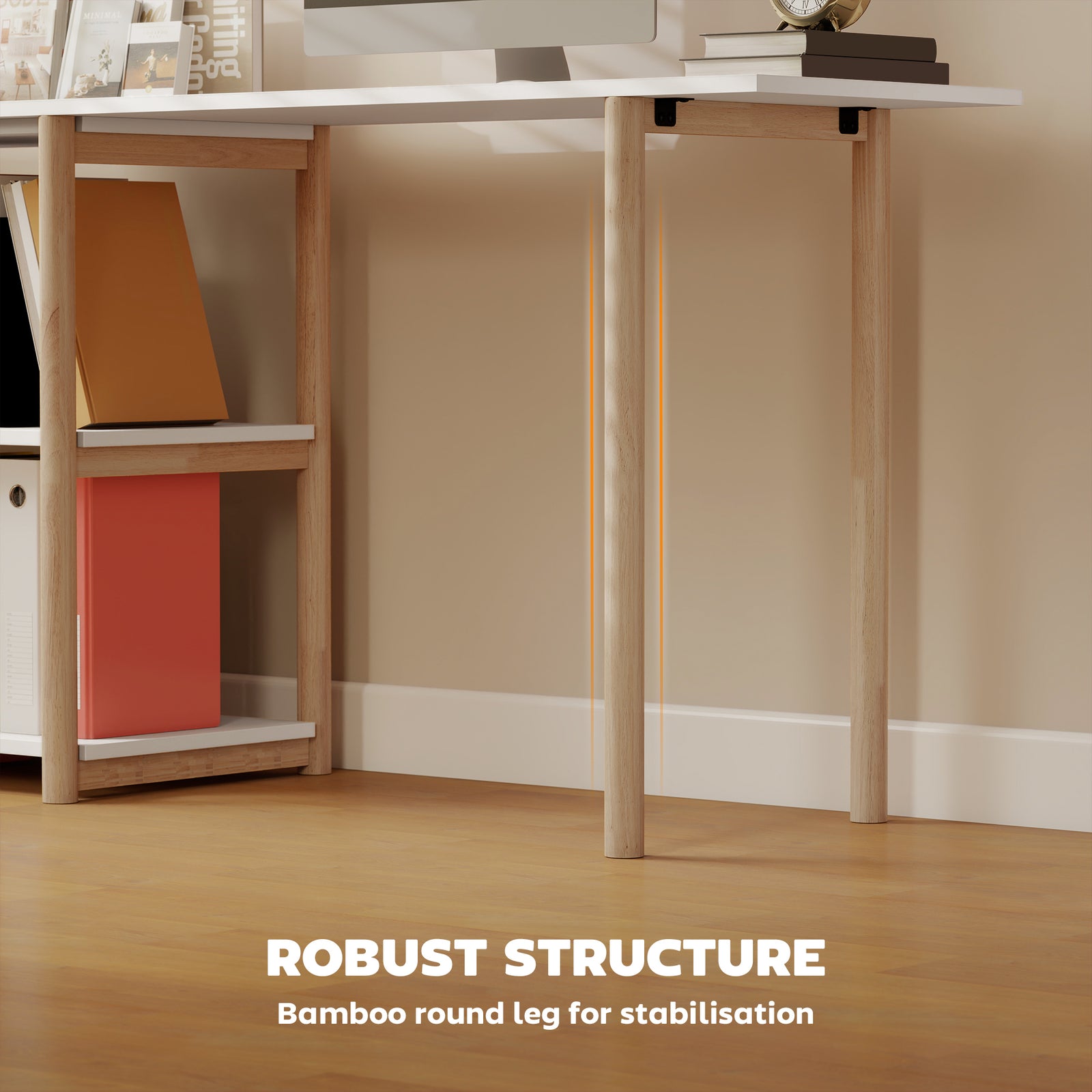 Close-up of the bamboo legs of the computer desk showing its robust structure