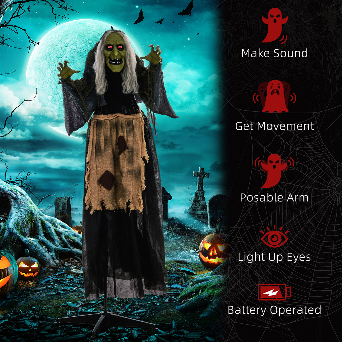 HOMCOM 5'2" Hunchback Witch Halloween Animatronic, with Glowing Eyes