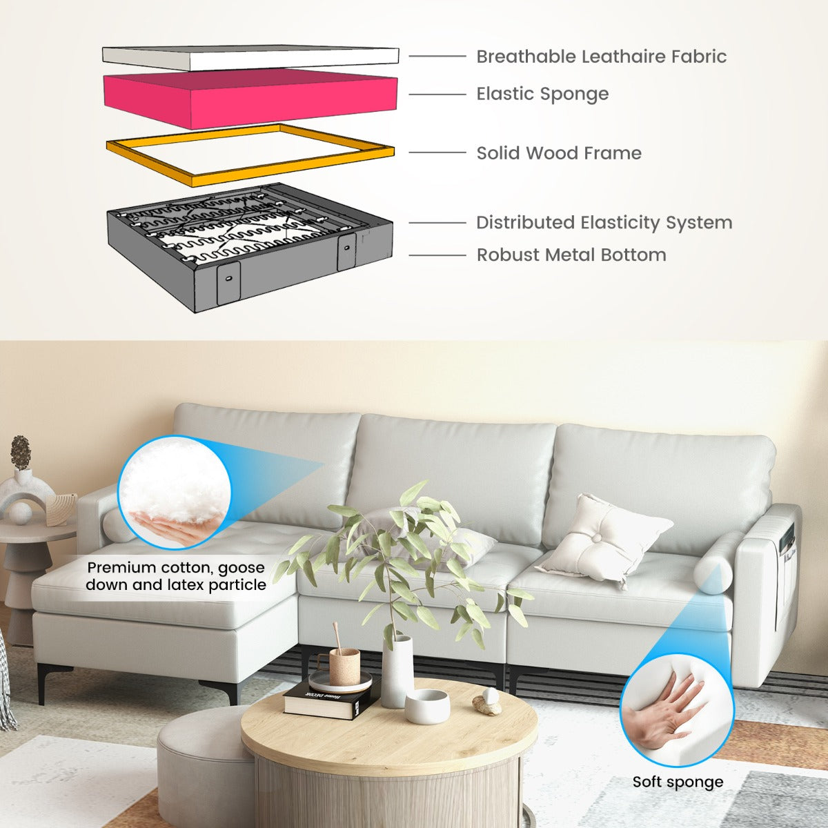 Extra Large L-Shaped Sofa with 4 USB Ports, Solid Metal Legs-Light Grey