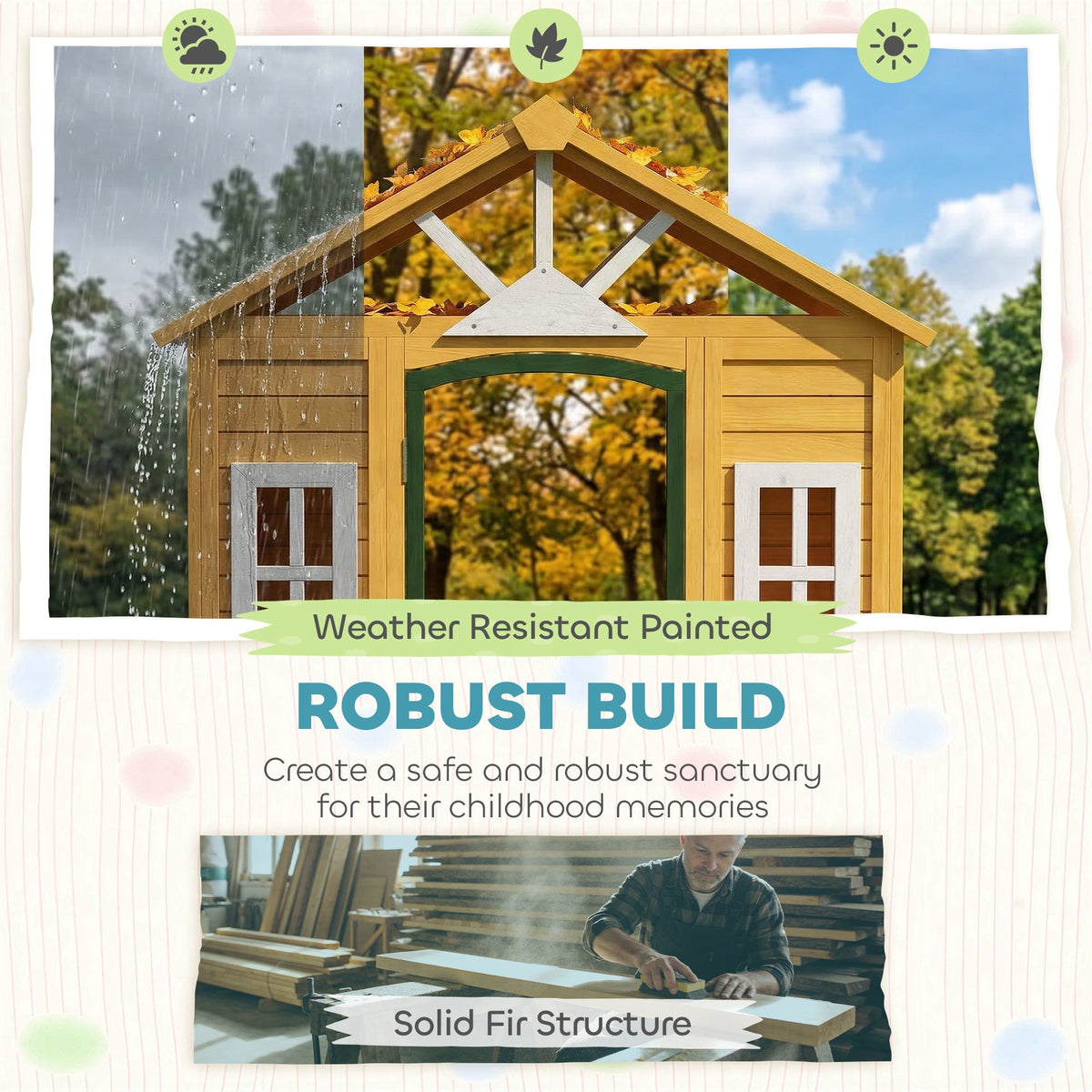 AIYAPLAY Outdoor Kids Playhouse, Wooden Wendy House with Door, 3 Windows, 2 Flower Boxes for Garden, Indoor Playroom