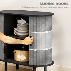 HOMCOM Tambour Sideboard with Fluted Sliding Doors, Modern Kitchen Cupboard with Storage Shelves and Wooden Legs, Grey