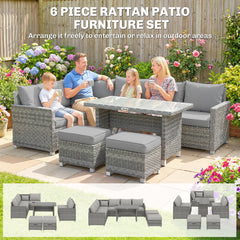 Outsunny 6 Seater Rattan Garden Furniture Set with 3 Sofas, 2 Footstools, Table, Patio Rattan Furniture Sofa Sets, Grey