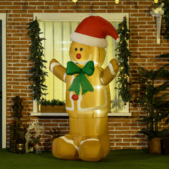 HOMCOM 6ft Christmas Inflatable Gingerbread Man & Santa Hat Safe Outdoor Decoration w/ Accessories