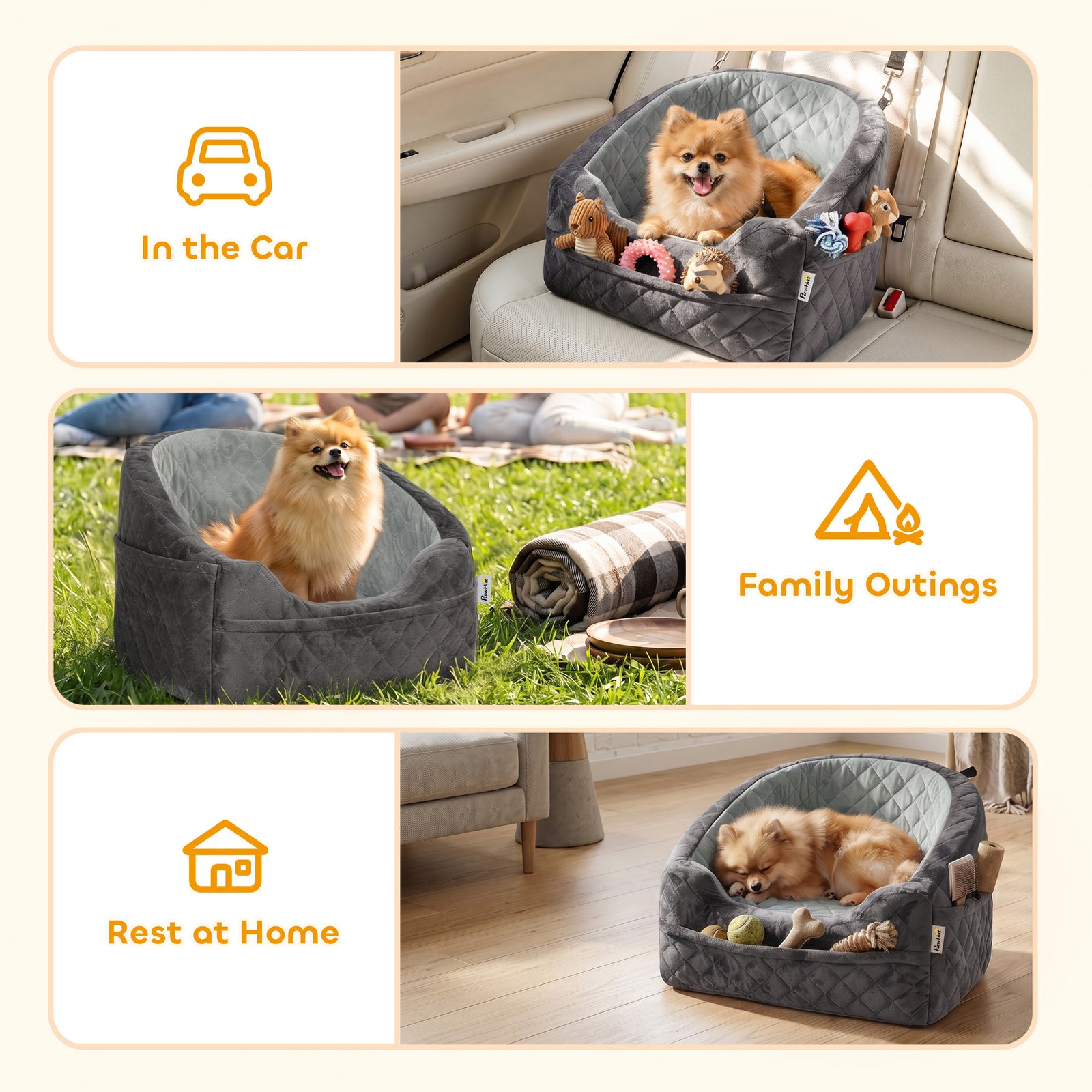 PawHut Dog Car Seat, Detachable Washable Dog Booster Seat with Thick Cushion, Seat Belt, Pockets for Small Under 10kg, Grey