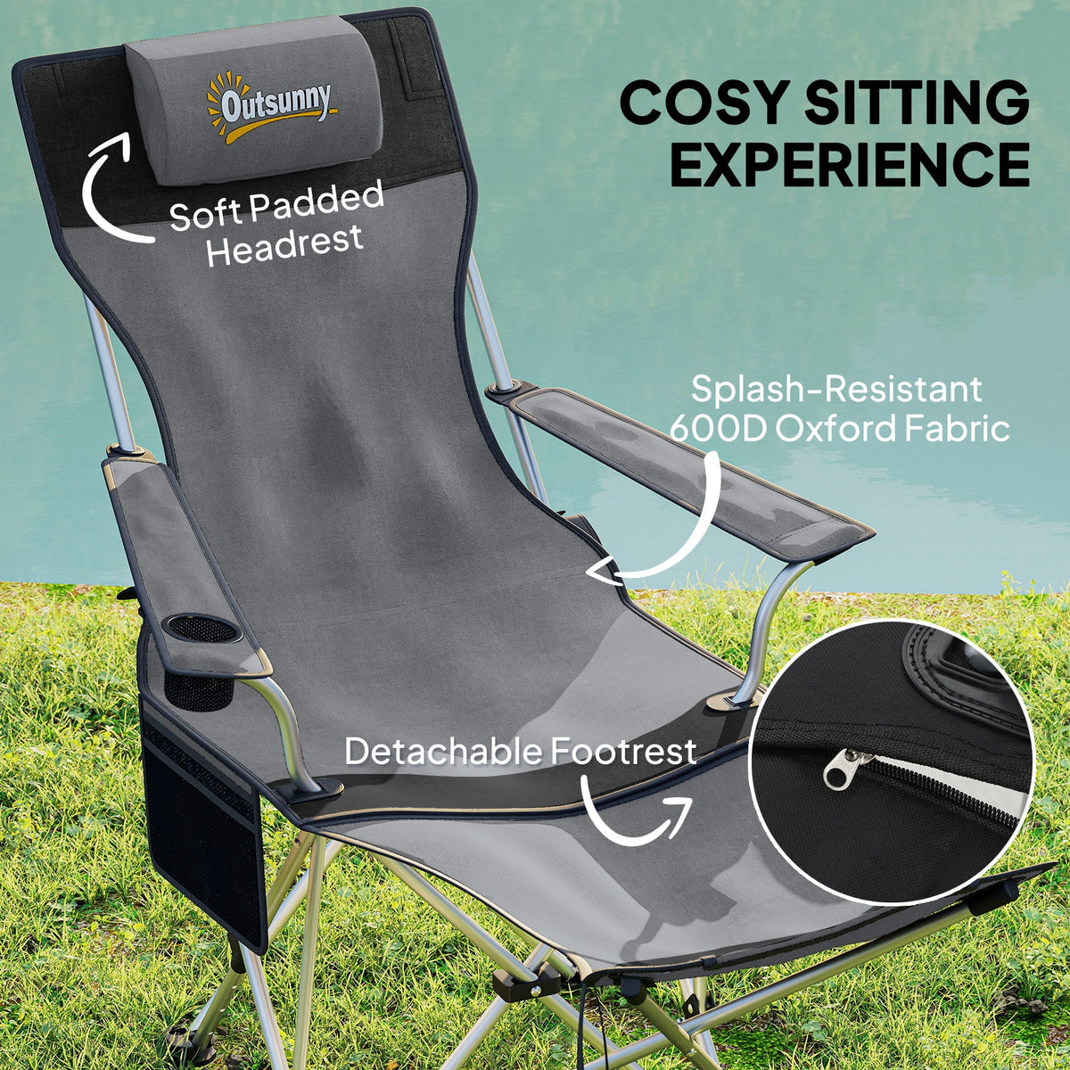 Outsunny Set of 2 Reclining Folding Camping Chair w/ Detachable Footrest, Storage Bag, Cup Holder & Headrest, Lightweight