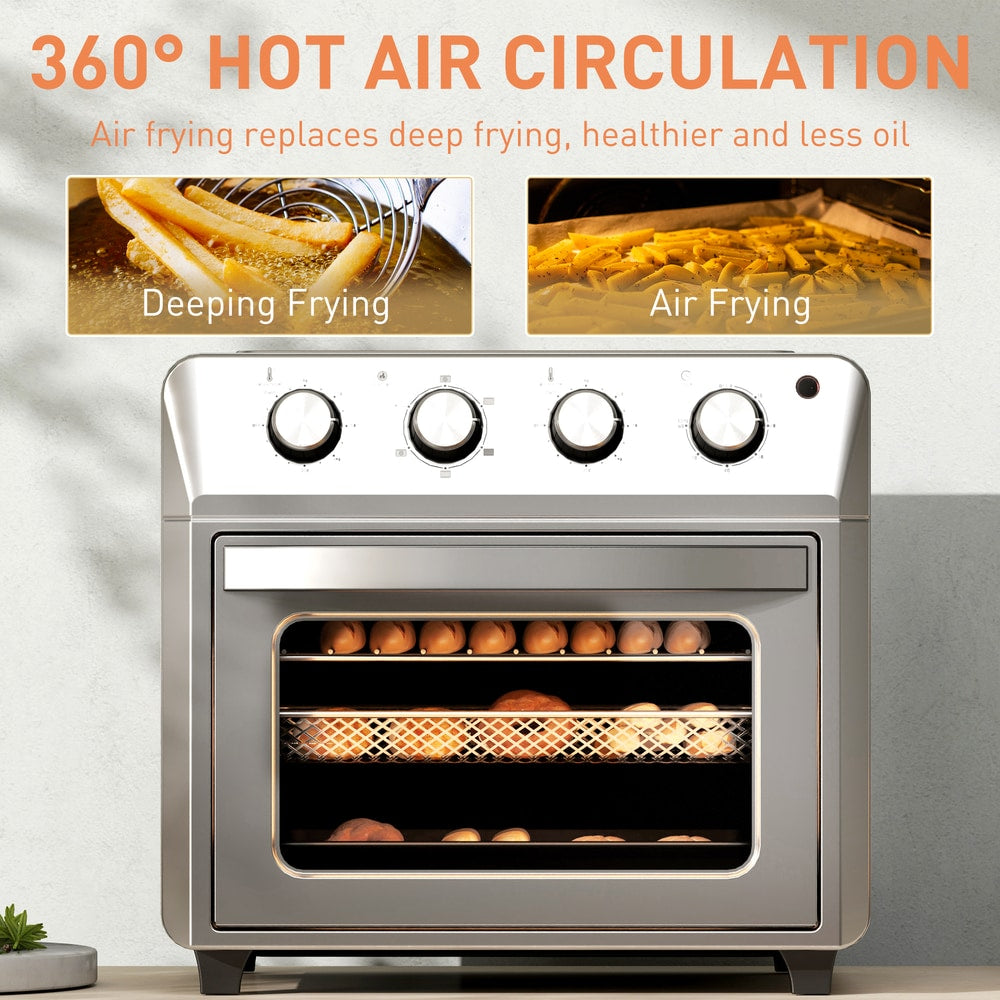 The air fryer oven shows hot air circulation for healthier cooking with less oil