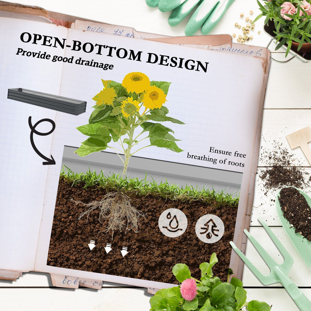 Outsunny 60 x 240cm Galvanised Steel Planter, with Open Bottom, Pack of 2