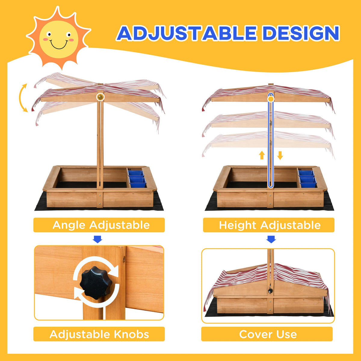 Outsunny Sand Pit Kids Wooden Sandbox with Cover Children Sandpit Play Station Height Adjustable with Canopy, Bottom Liner