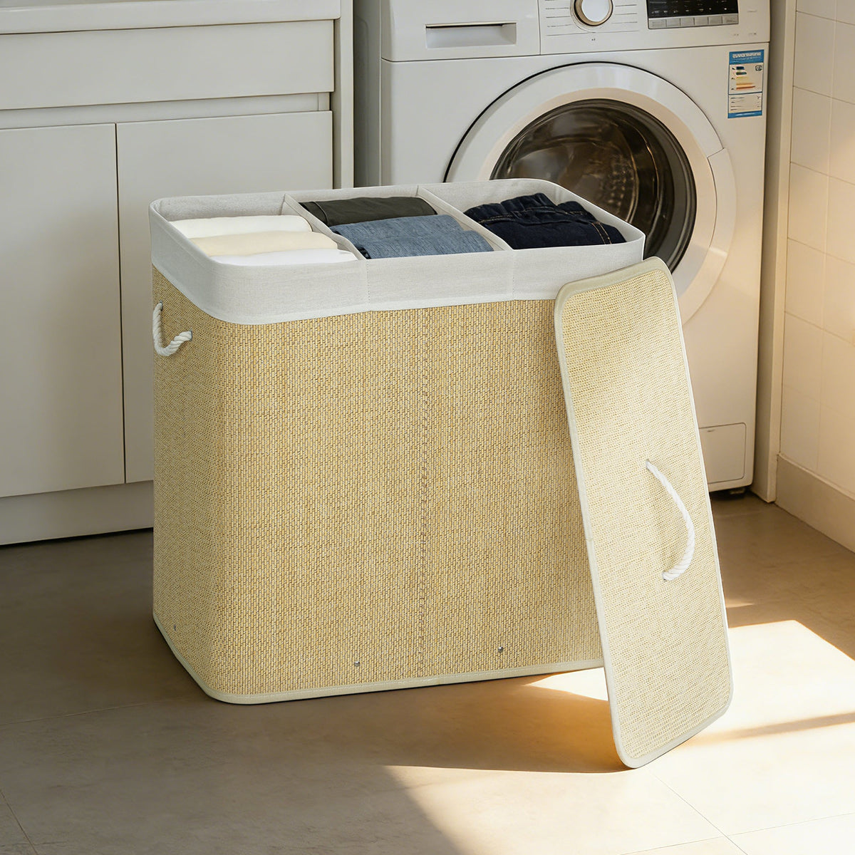 HOMCOM 3 Section Laundry Basket with Lid, 144L Bamboo Laundry Hamper with Handles, Removable and Washable Liner, Cream White