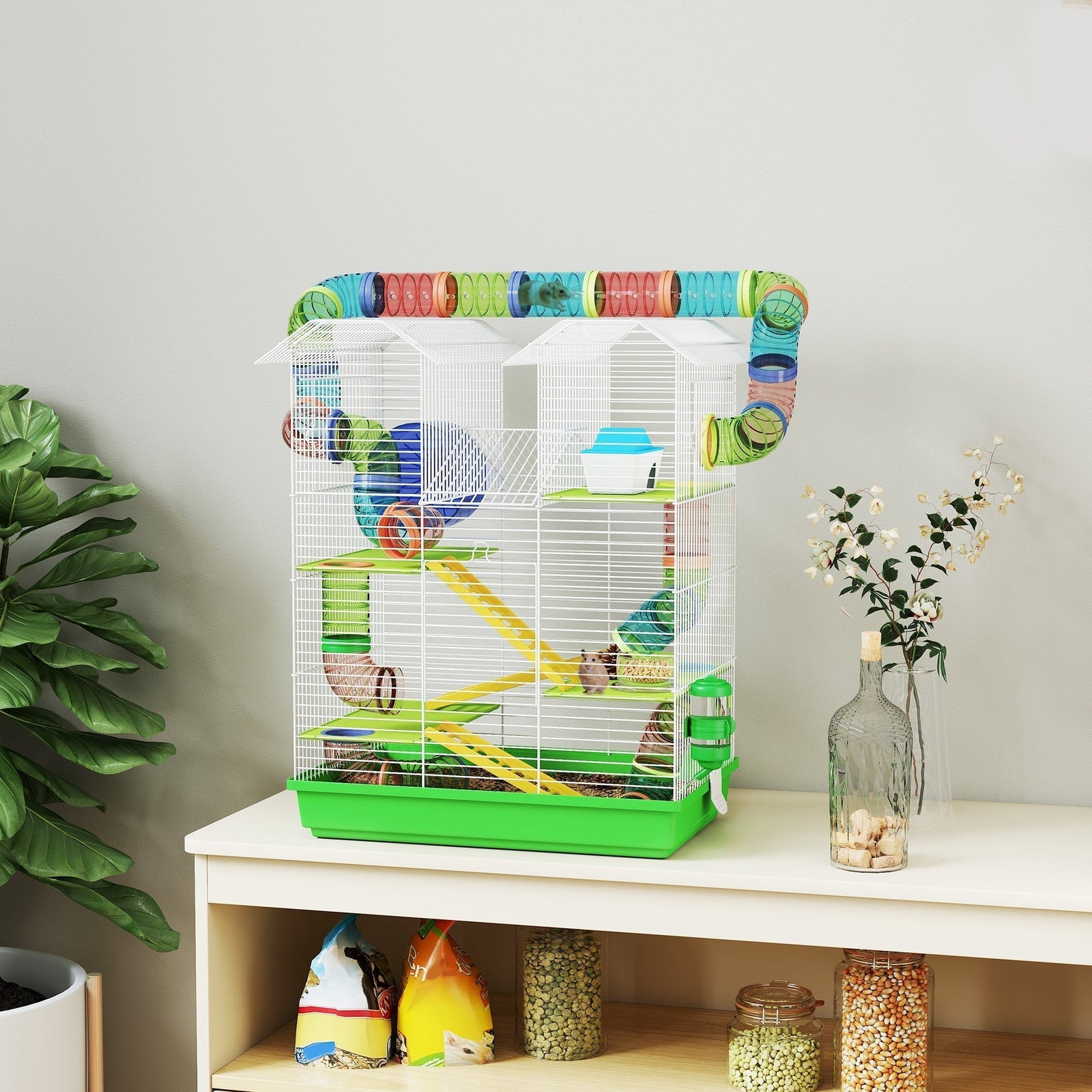 PawHut 5 Tier Hamster Cage Carrier Habitat with Exercise Wheels Tunnel Tube Water Bottle Dishes House Ladder for Dwarf Mice, Green