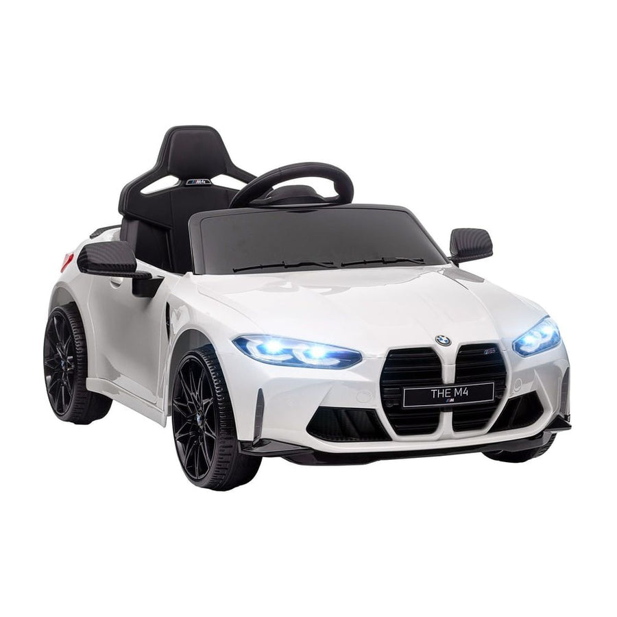 AIYAPLAY 12V BMW Licensed Kids Car in white with black interior and glowing front LED headlights