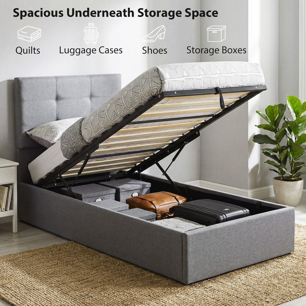 The ottoman bed with the gas lift storage revealed, showing space for quilts and luggage