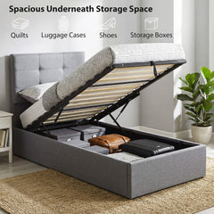 The ottoman bed with the gas lift storage revealed, showing space for quilts and luggage