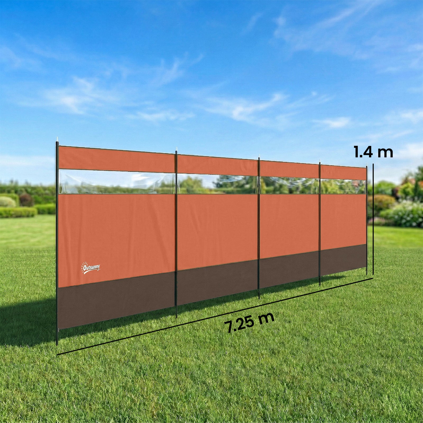Outsunny Camping Windbreaker with Clear Windows, Carry Bag and Steel Poles, for Beach Caravan Campervan, 725 x 140cm, Orange