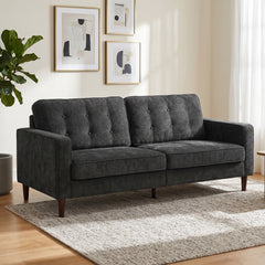 HOMCOM 3 Seater Sofa Button Tufted Upholstered Couch with Wood Legs for Living Room, Dark Grey
