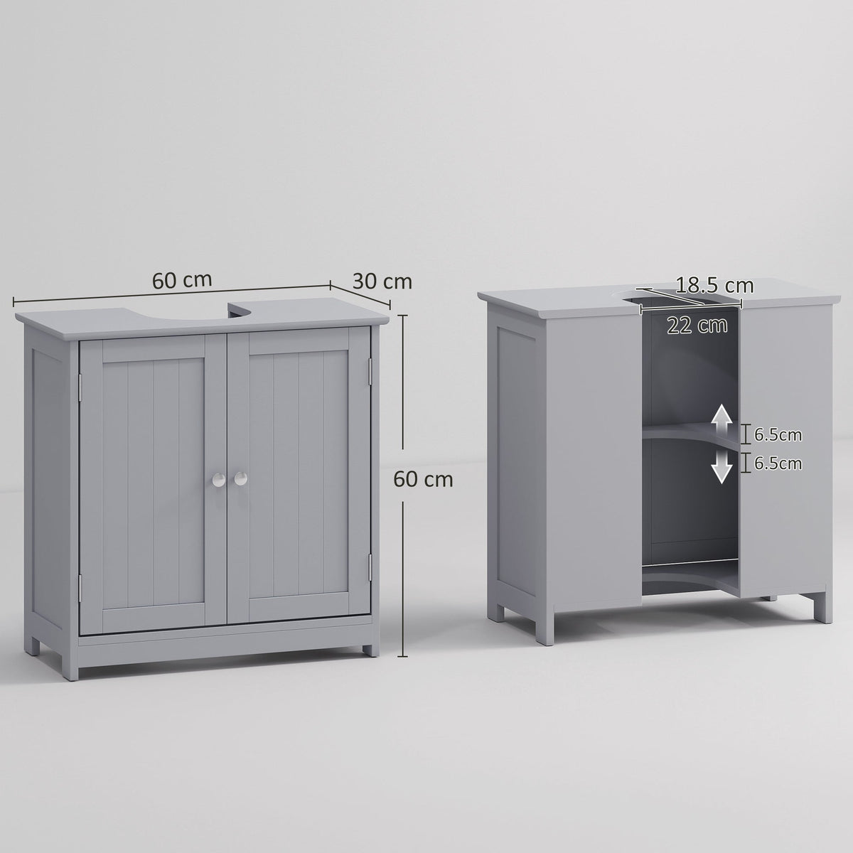 kleankin 60x60cm Under-Sink Storage Cabinet w/ Adjustable Shelf Handles Drain Hole Bathroom Cabinet Space Saver Organizer Grey