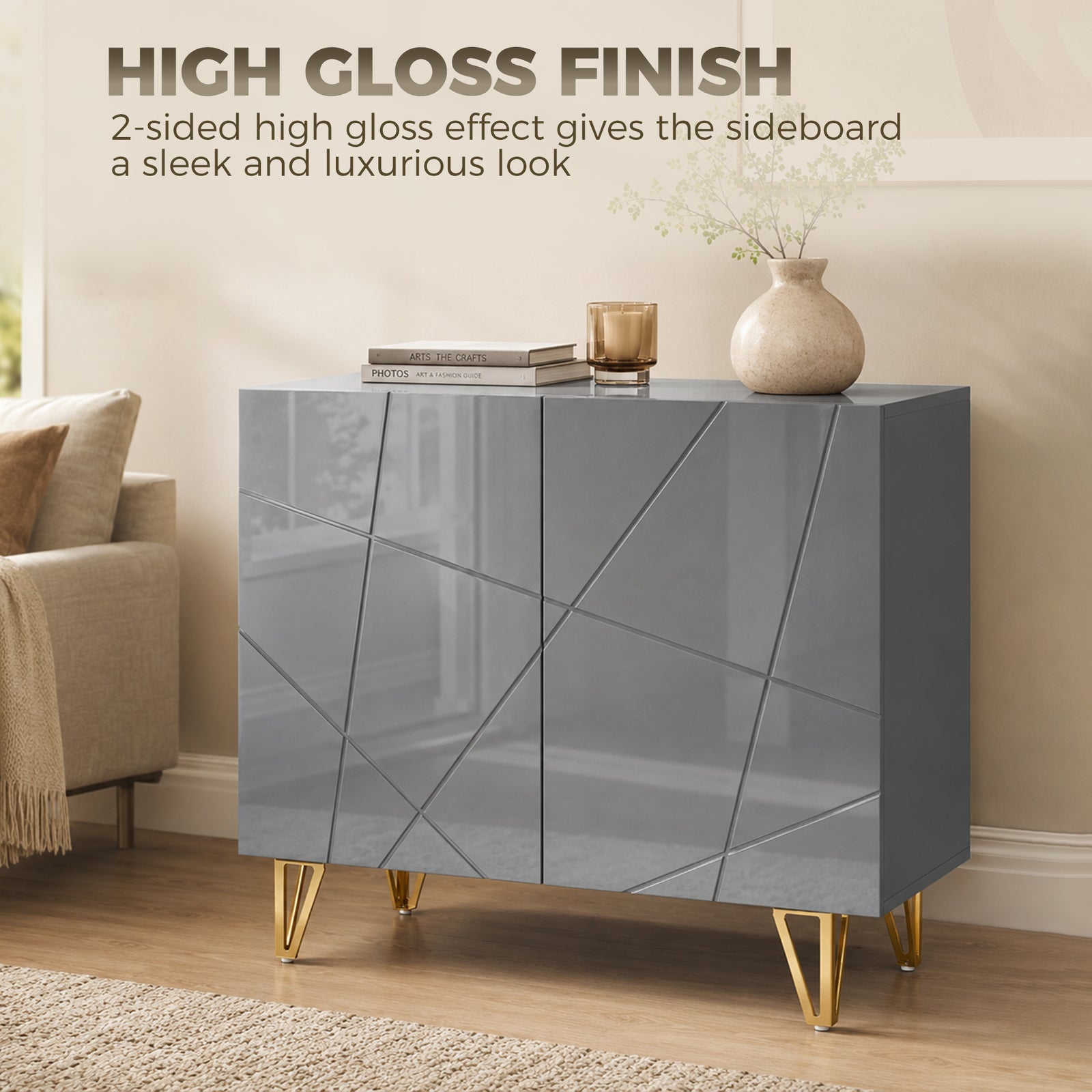 HOMCOM Modern Luxe High Gloss Sideboard, with Hairpin Legs - Grey