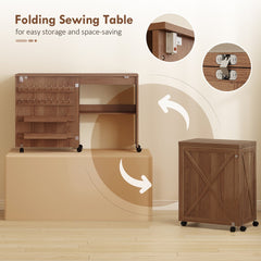 The folding sewing table shown in its folded and unfolded states