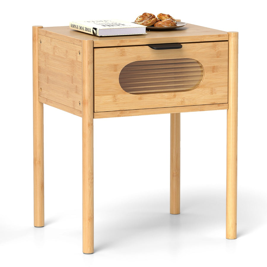 Farmhouse Bedside Table with Tempered Glass Decorated Drawer-Natural
