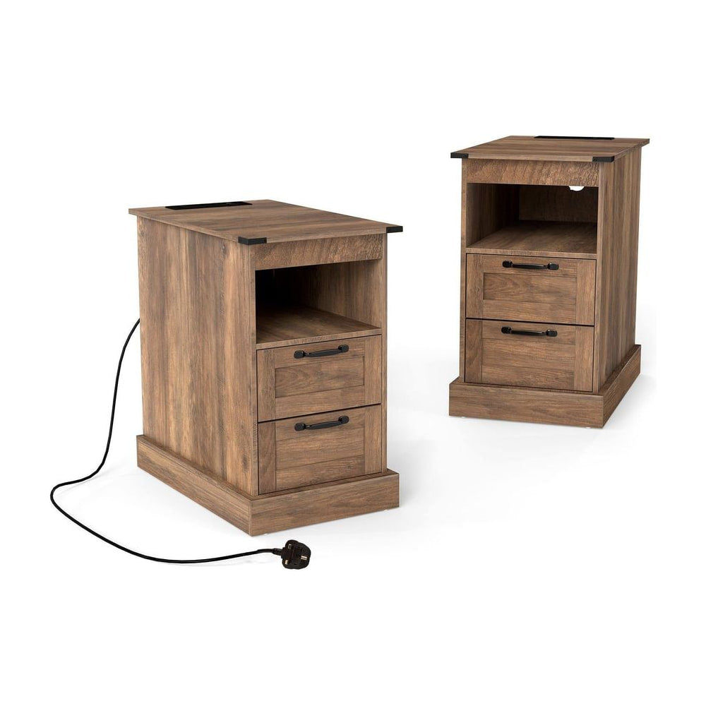 Farmhouse Nightstand with charging station, open storage shelf and two drawers in rustic brown
