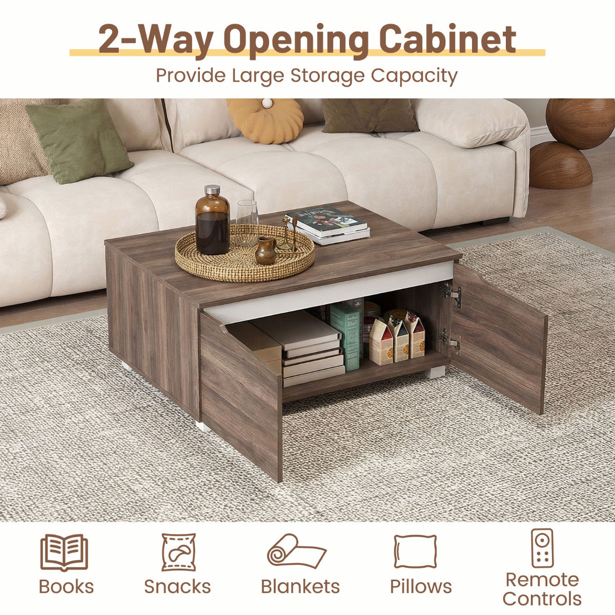 Farmhouse Coffee Table with Storage Center Table with 4 Doors and 2-Way Opening-Brown