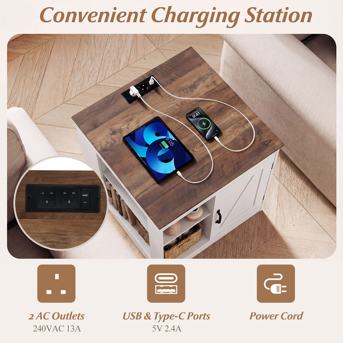 Farmhouse Nightstand with Charging Station Bedside Table with Adjustable Shelf-White