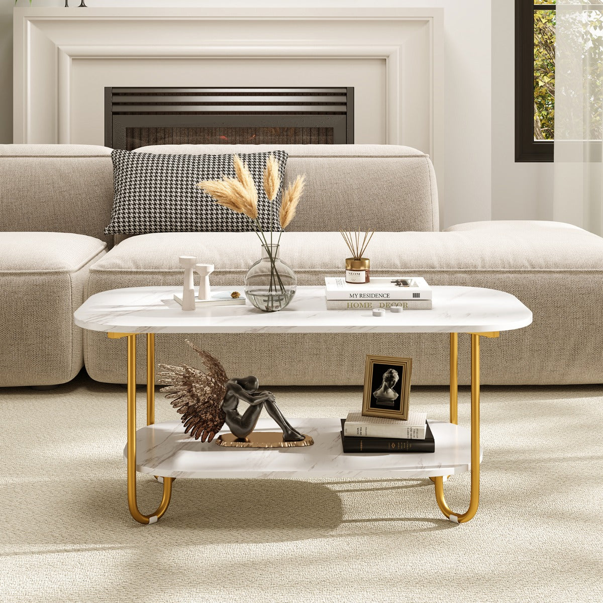Faux Marble Top Coffee Table with Heavy-duty Metal Frame-White