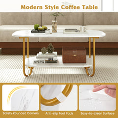 Faux Marble Top Coffee Table with Heavy-duty Metal Frame-White