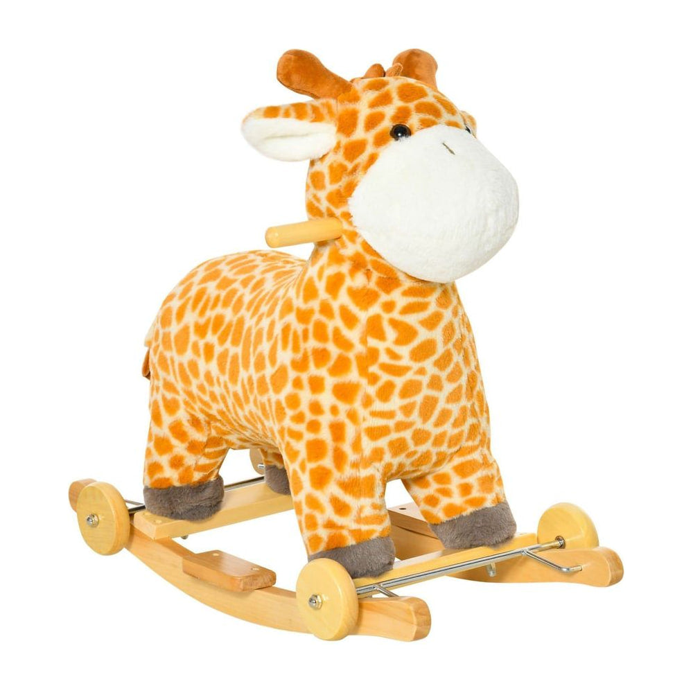 HOMCOM 2 In 1 Kids Todder Rocking Horse Plush Ride On Giraffe Rocker with Wheels Wooden Base Animal Sounds for 3-6 Years