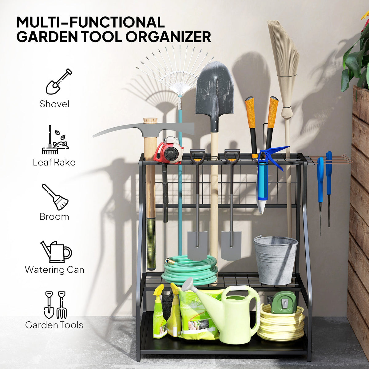 Outsunny Garden Tool Storage Rack, 3-Tier Garden Tool Rack with 11 Hooks for Long-Handled, Broom, Shovel, Rake, Holds 20 Tools