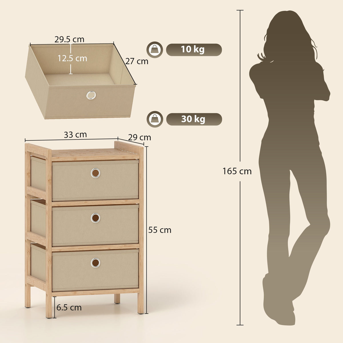 HOMCOM Chest of Drawers, 3 Fabric Drawers Narrow Dresser with Bamboo Frame, Cream White