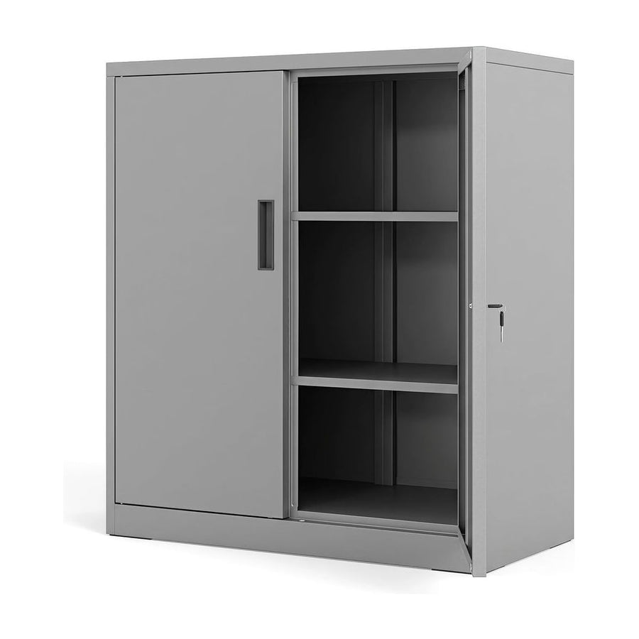 File Cabinet with 2 Lockable Doors and 2 Adjustable Shelve-Grey