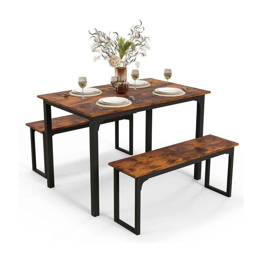 3 Pieces Space-Saving Dining Breakfast Table Set with 2 Benches-Coffee