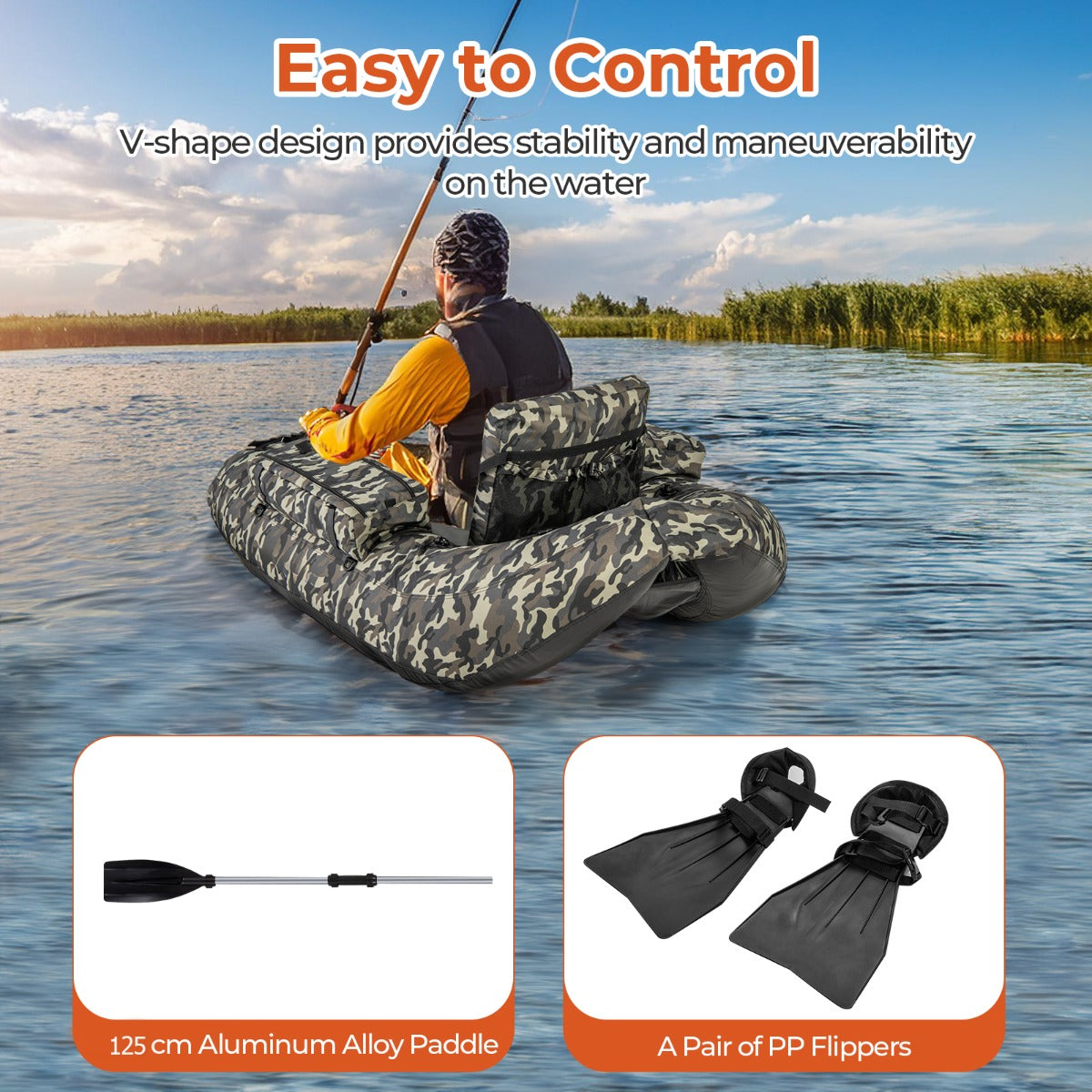 V-Shaped Fishing Float Tube with Adjustable Backpack Straps-Camouflage