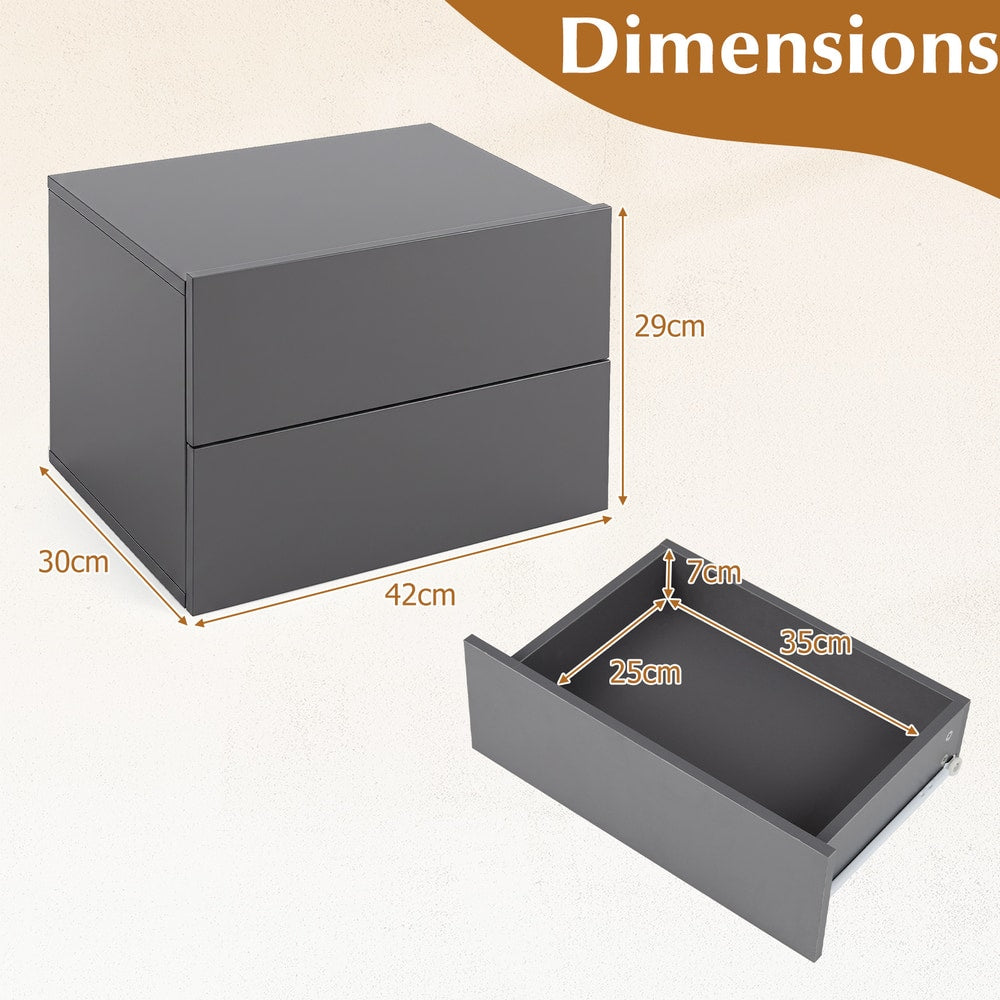 The bedroom furniture showing external dimensions and an open drawer with measurements