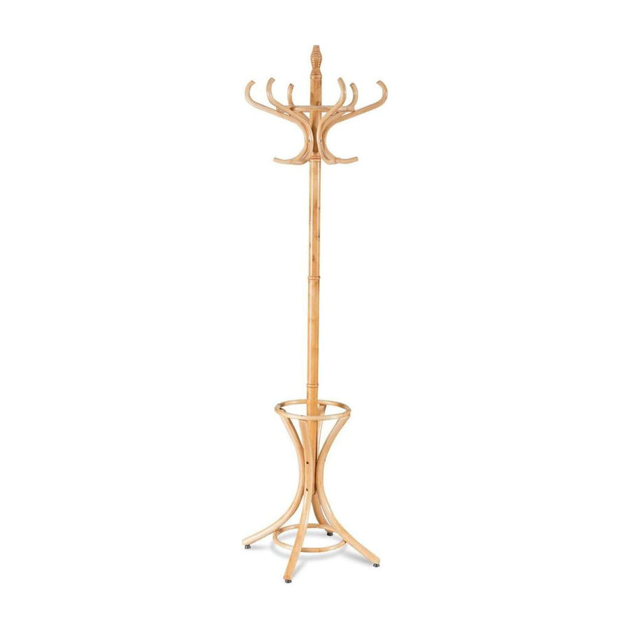 Floor Standing Hat Coat Wood Hanger w/ Umbrella Rack standing on a plain white background