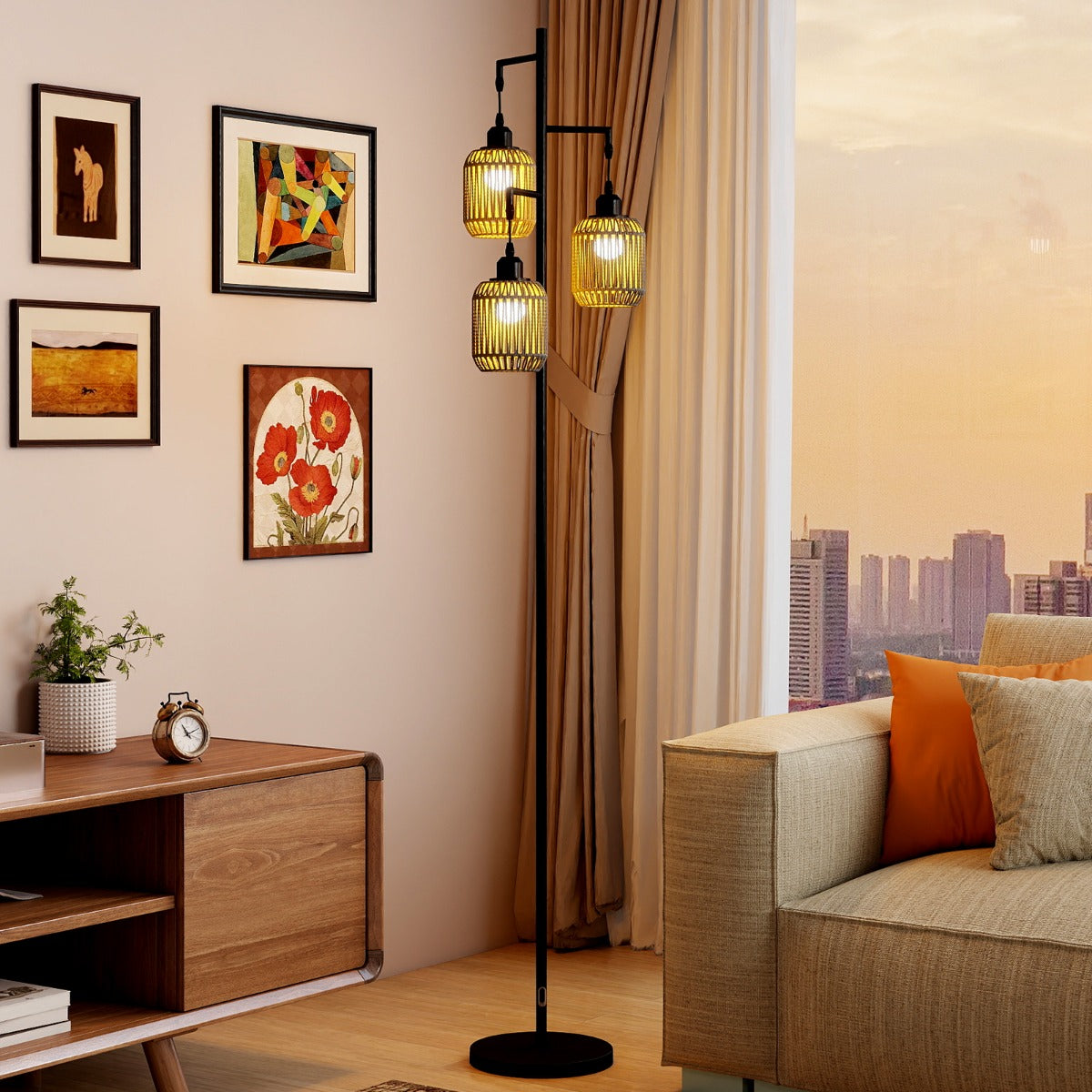 3-Light Floor Lamp with 3 Boho Paper Woven Lampshades and Weighted Base-Black