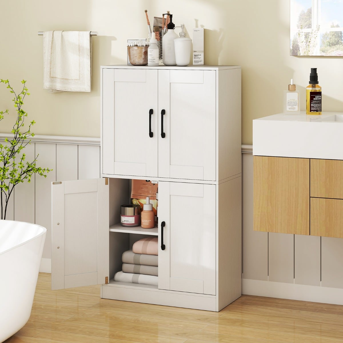 Floor Storage Cabinet with Doors and Adjustable Shelves-White