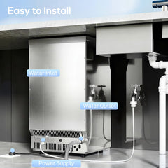 the back of the ice machine showing water inlet, outlet, and power supply connections
