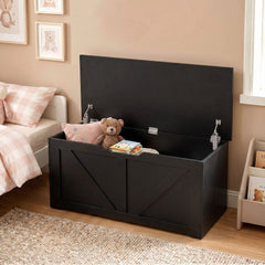 HOMCOM 127L Home Storage Box, with Safety Hinges - Black Wood-Effect