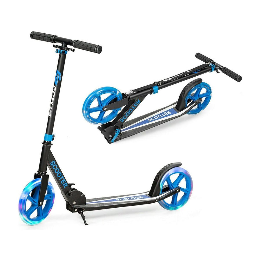 Foldable and Adjustable Kick Scooter shown in both upright and folded positions against white background