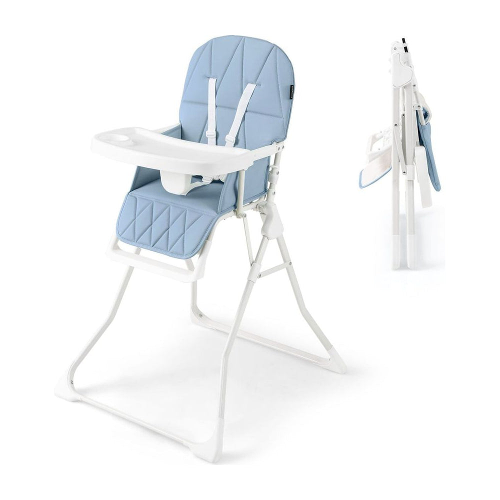 Foldable Baby High Chair with Removable Adjustable Tray in navy blue, shown from the front with the tray attached
