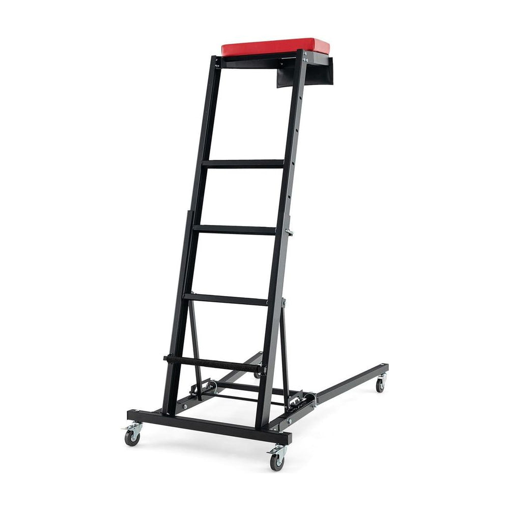 Foldable Topside Automotive Engine Creeper, a black metal creeper with a red padded seat and wheels
